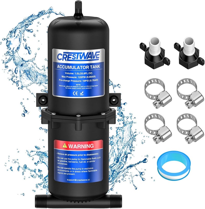 CRESTWAVE خزان تجميع مسبق الضغط 1 لتر 125 PSI لنظام مياه RV، مع تحكم في تدفق السائل الداخلي، يقلل من دورات المضخة ويجعل تدفق المياه سلسًا لـ RV، قارب، مقطورة سفر، كارافان - Image 1